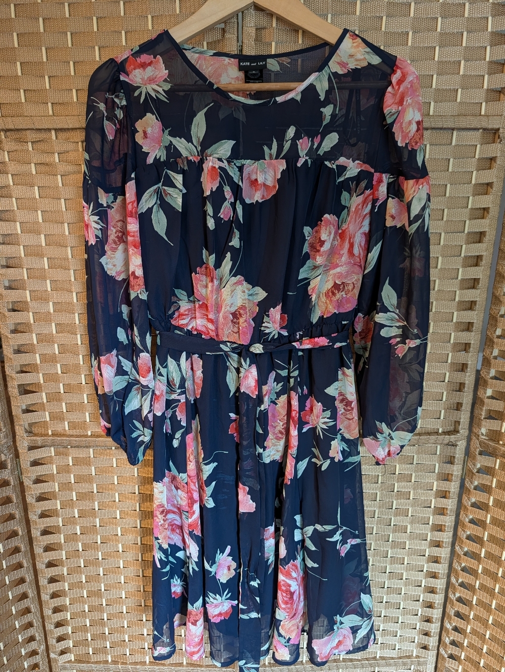 Kate and Lily -Floral Navy Chiffon Belted Midi Dress